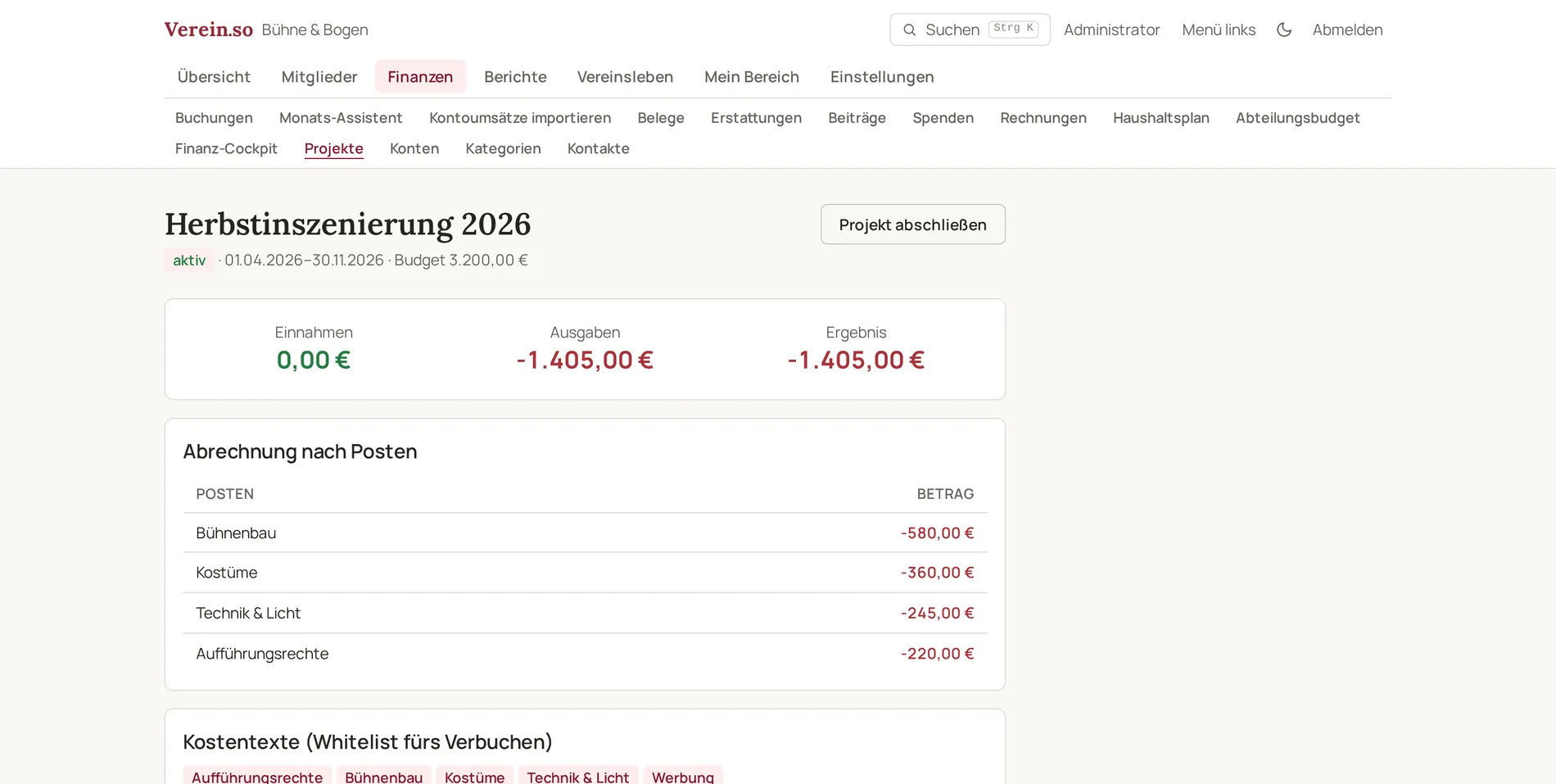 Detailansicht eines Projekts mit allen zugeordneten Buchungen