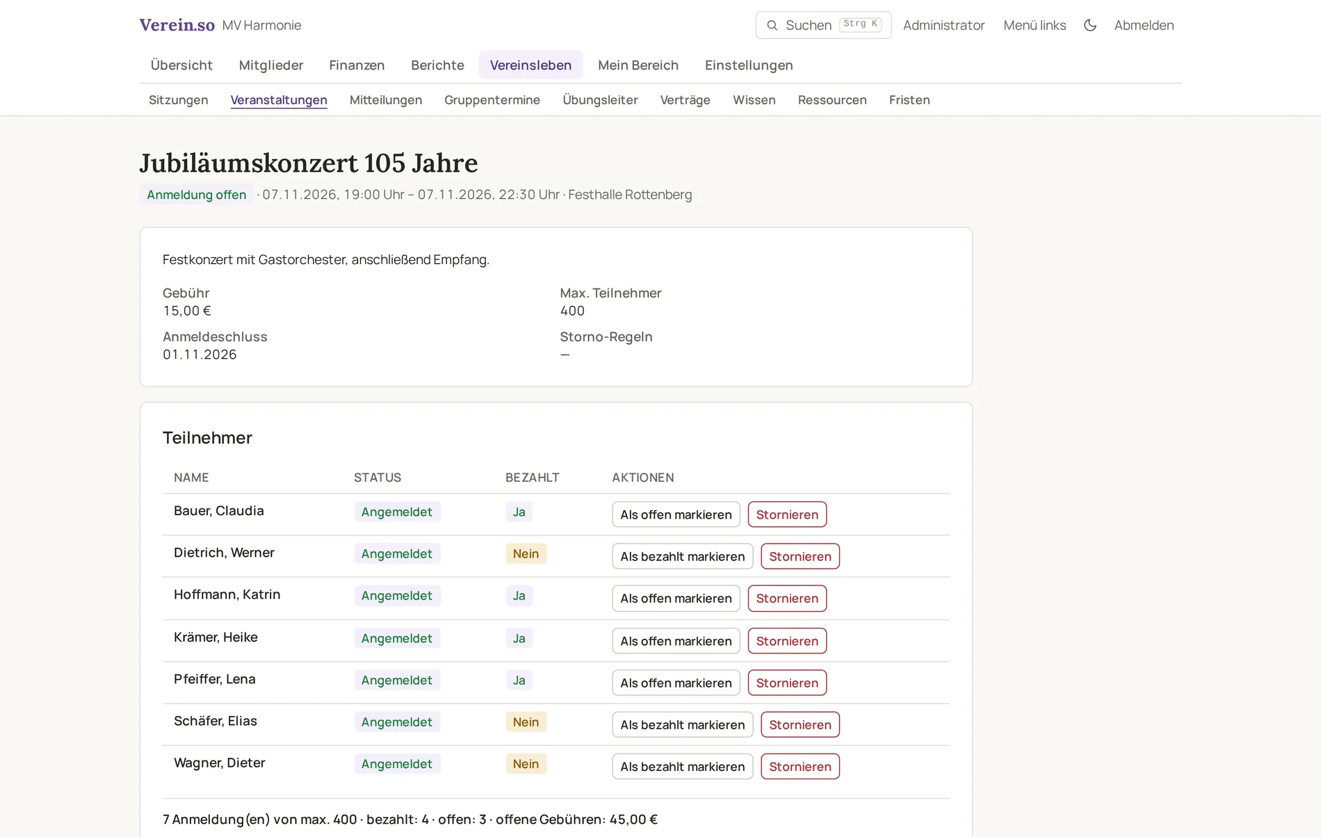 Detailansicht des Jubiläumskonzerts mit Anmeldungen