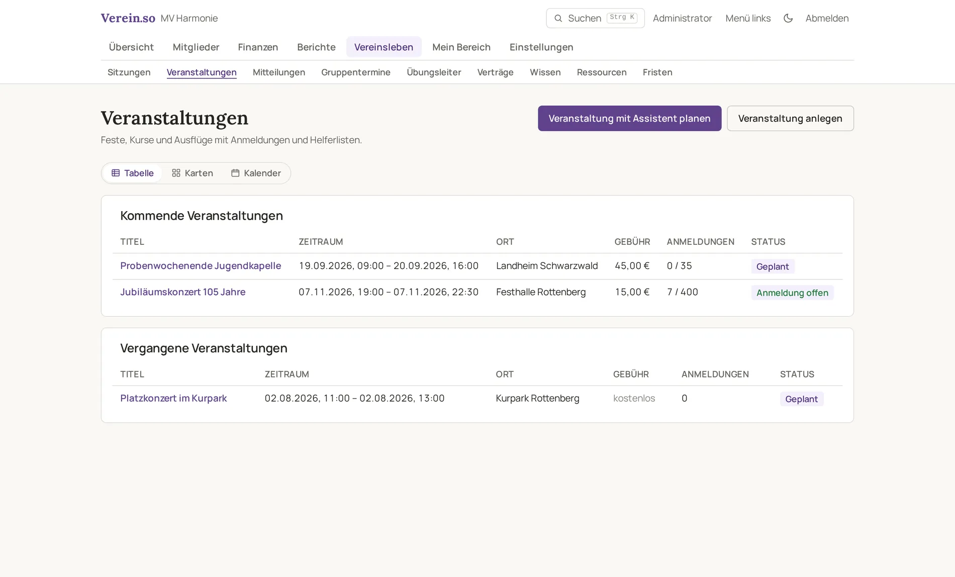 Veranstaltungen des Musikvereins mit Anmeldungen und Status