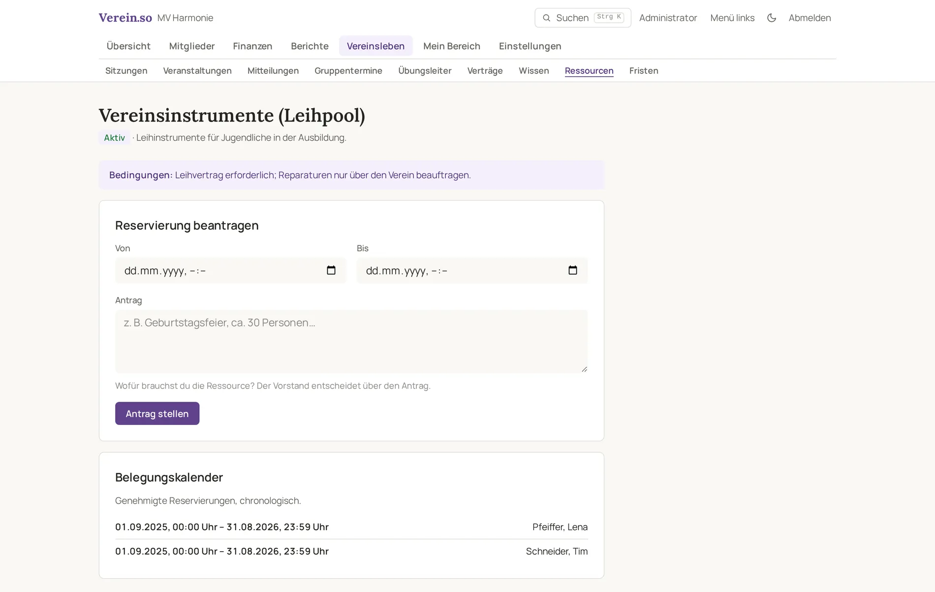 Detailansicht des Leihpools mit allen Ausleihen und ihren Zeiträumen