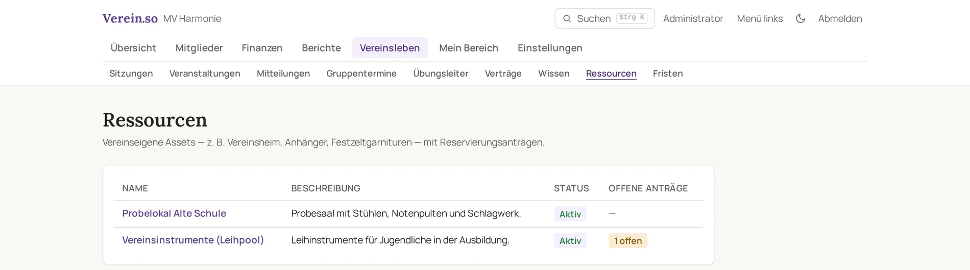 Ressourcen des Musikvereins: Probelokal und Leihinstrumente mit offenen Anträgen
