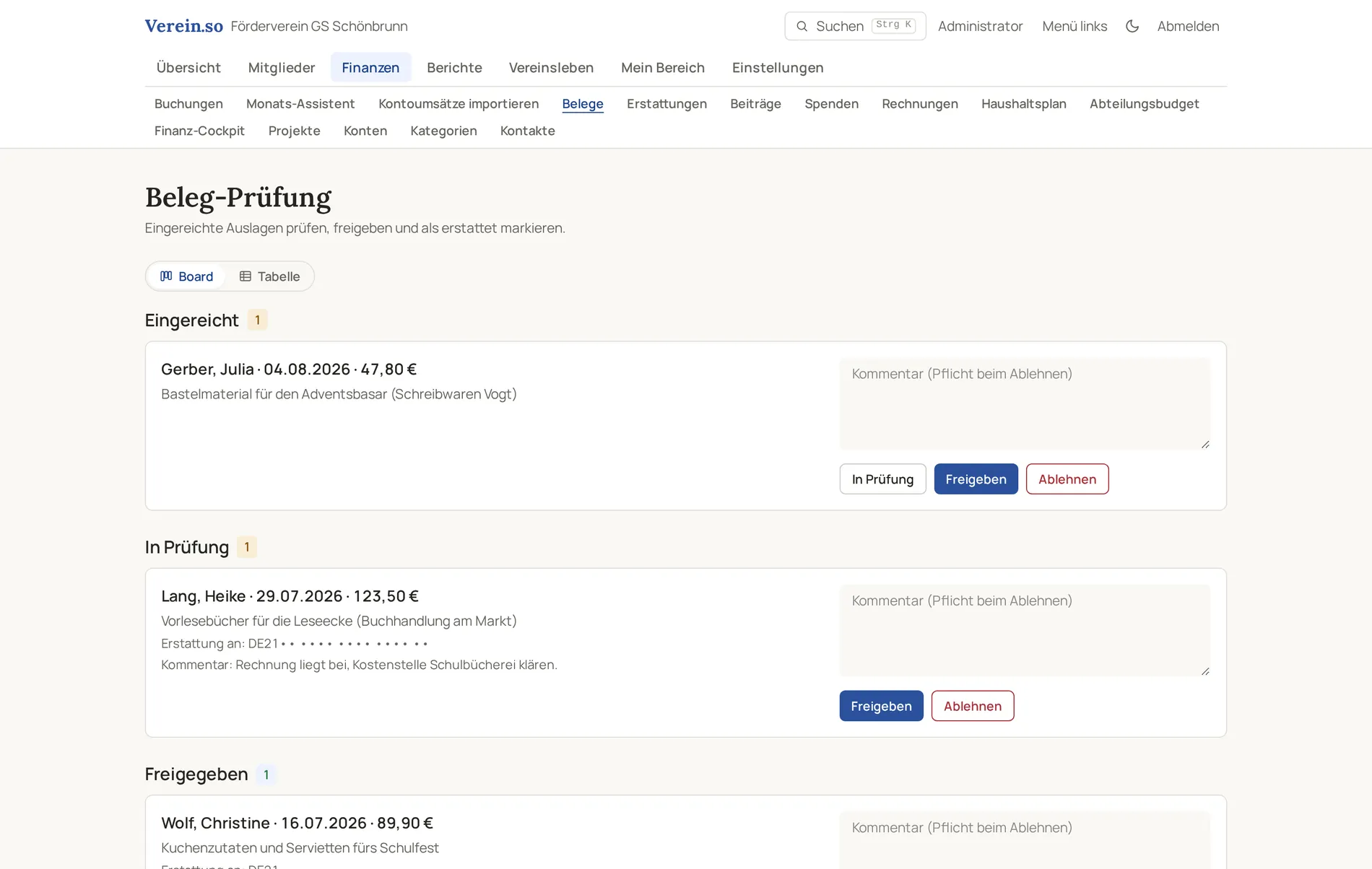 Eingereichte Belege in vier Bearbeitungsständen von eingereicht bis erstattet