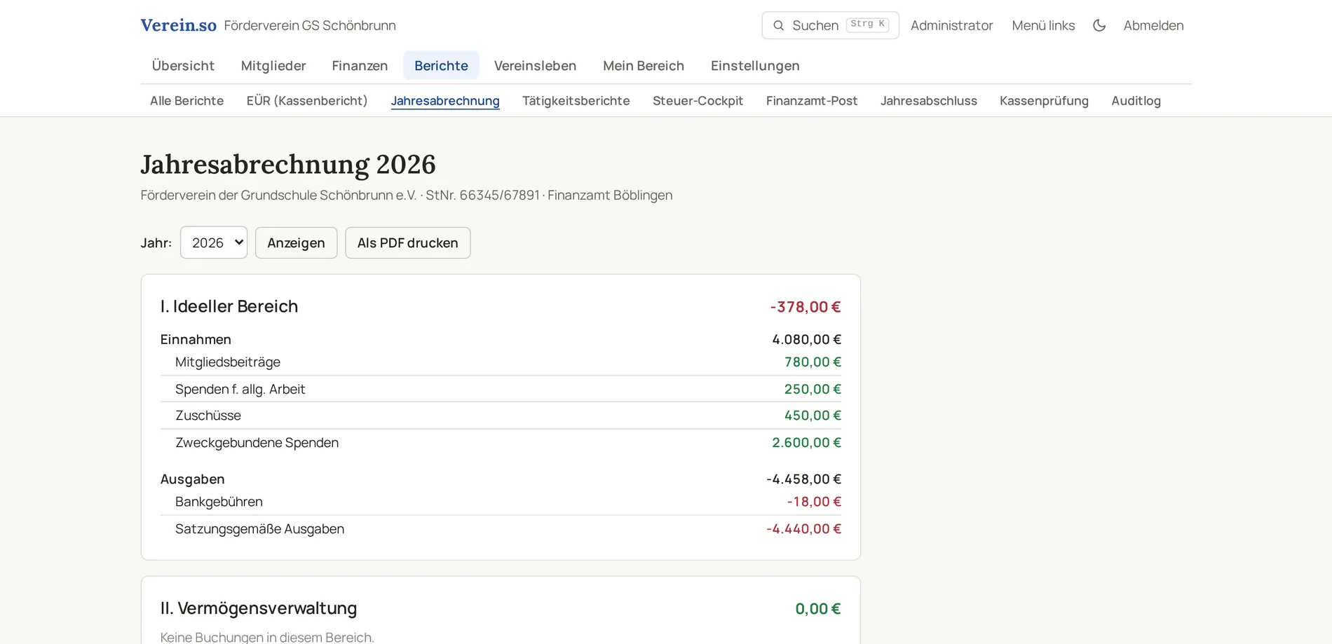 Jahresabrechnung des Fördervereins nach steuerlichen Bereichen