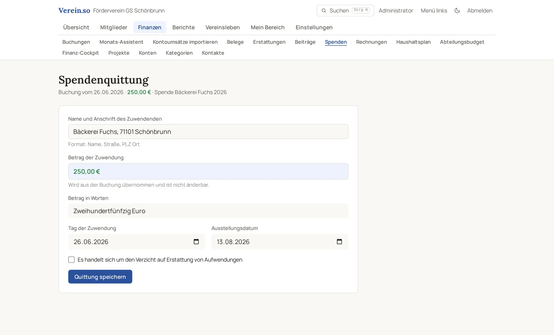 Zuwendungsbestätigung nach amtlichem Muster