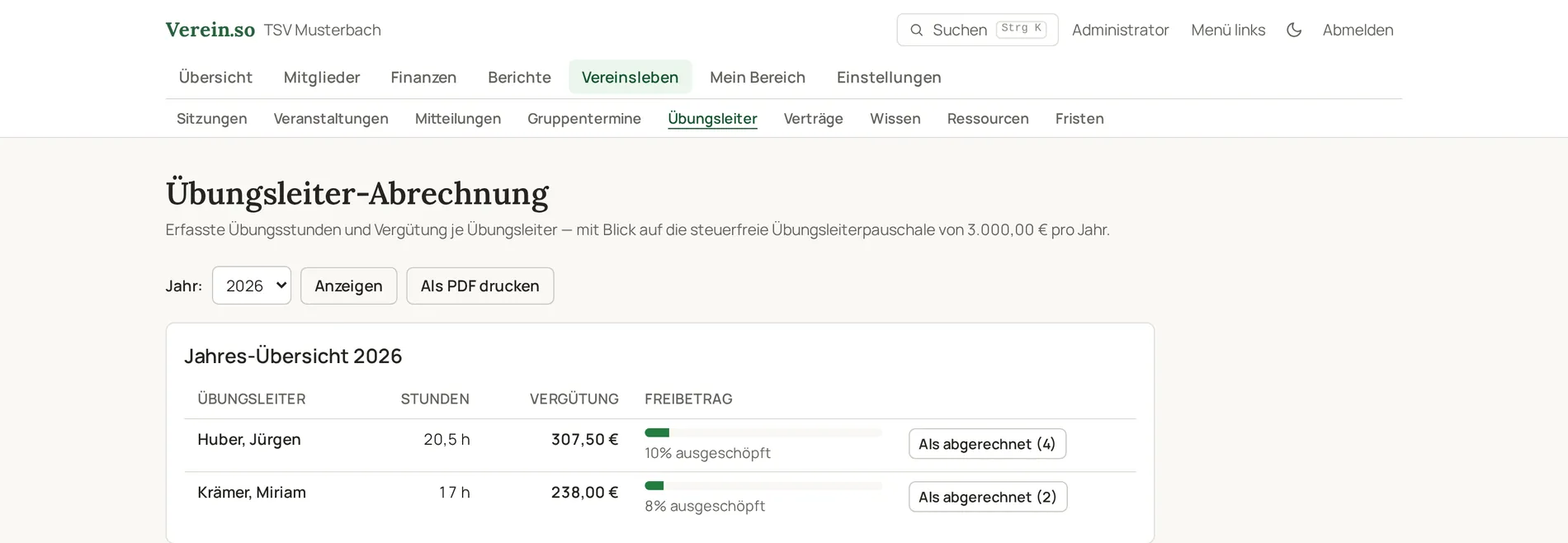 Übungsleiter-Abrechnung mit Jahresübersicht: Stunden, Vergütung und ausgeschöpfter Freibetrag je Trainer